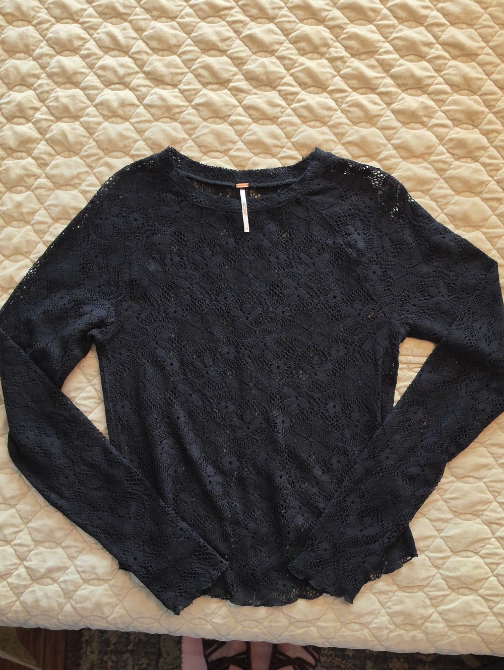 Free People Black Floral Crochet Long Sleeve Top